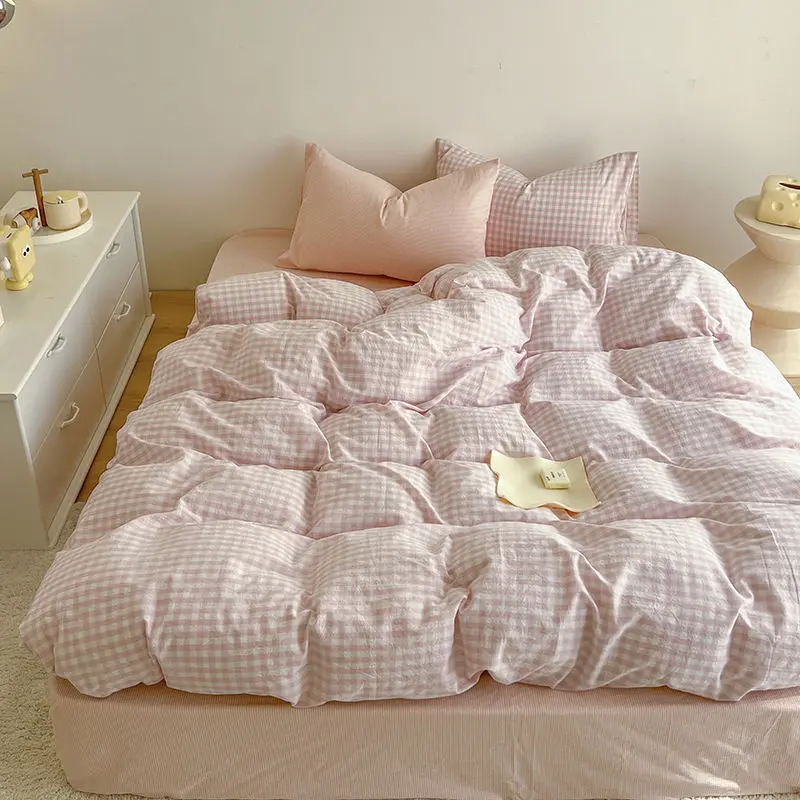 Pink Duvet Cover Set Classic Plaid Twin Queen Size Girls Boys Flat Sheet Pillowcase No Filler Soft Home Decor Bedding Set