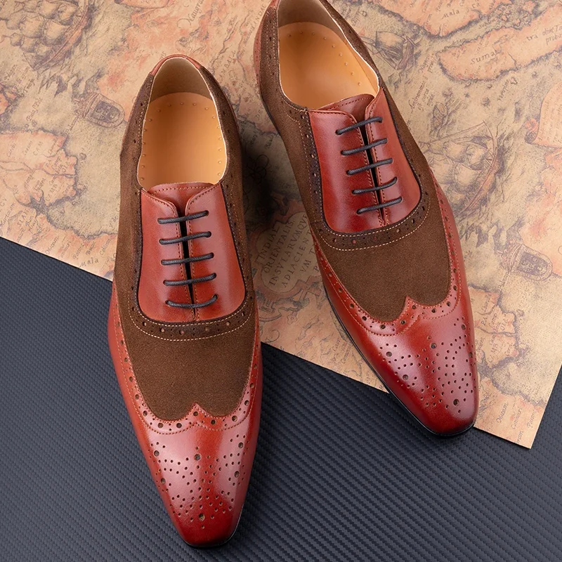 Men Classic Brogue Shoes Pointed Toe Lace-up Party Business Shoe Suede + Cowhide Splicing Handmade Male Dress Oxfords Size 39-50