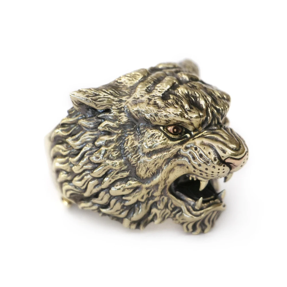 Brass Angry Tiger Copper Eyes Nose Ring Biker Punk Adjustable Ring BR433 US Size 8~15