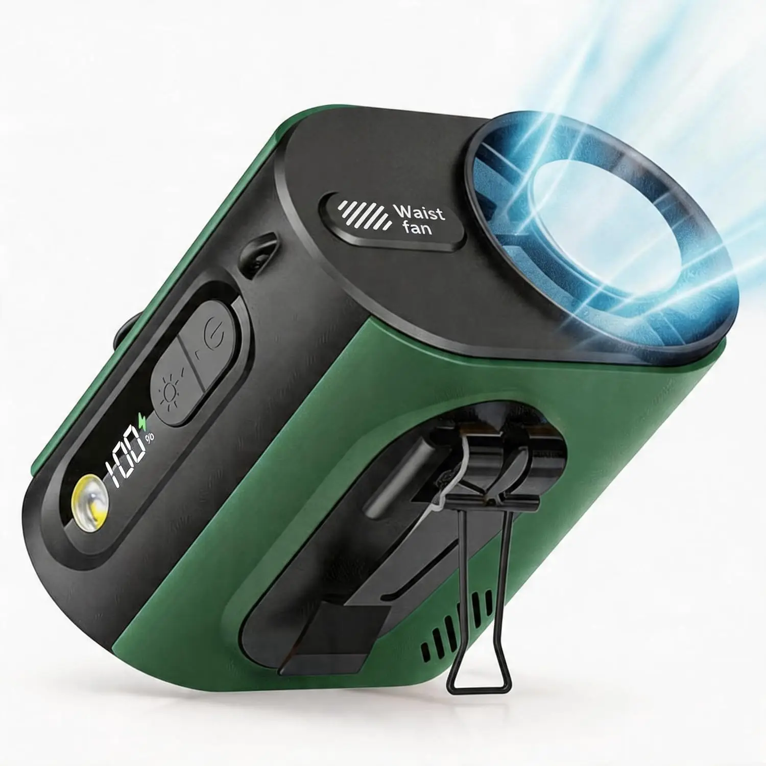 

2026 AI Wearable Waist Fan, 10000mAh, 100-Speed, 16000RPM, 25H, Ice Cooler & Flashlight, for Camping, Jobsite, Outdoor (Green)