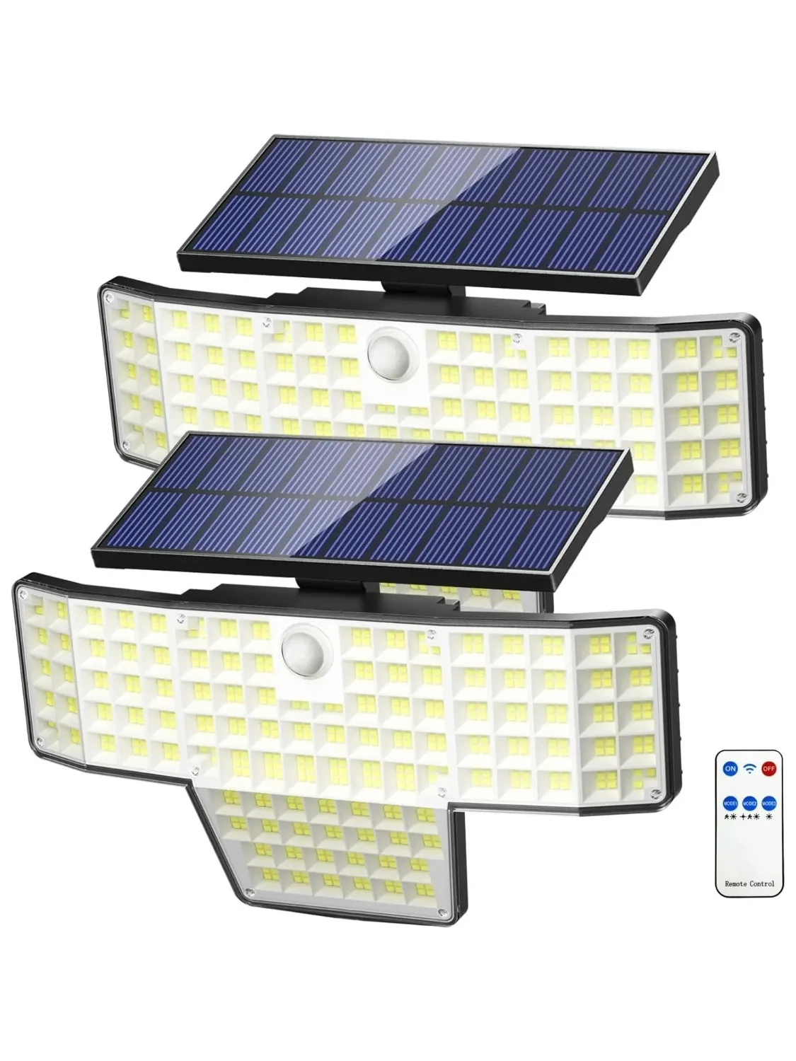 Zewnętrzne lampy solarnie z czujnikiem ruchu, 448 LED, super jasne lampy bezpieczeństwa z pilotem, wodoodporne IP65, do montażu na zewnątrz, na podjazd, podwórko, parking, ścianę zewnętrzną, solarna — 2