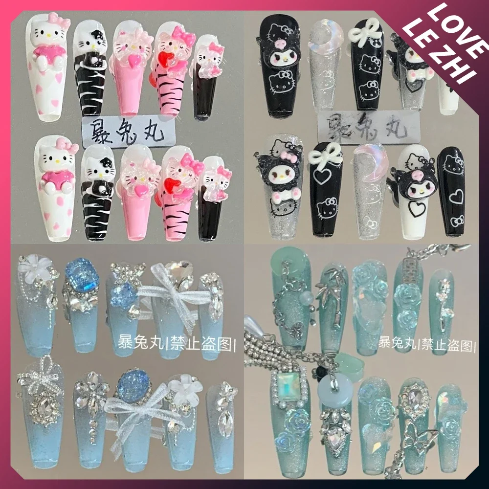 

Spicy Girl Sanrio Hello Kitty Kuromi Long Coffin Party Nails Sticker Y2K Glitter Rhinestone Metal Chain Lace Bow Press On Nails