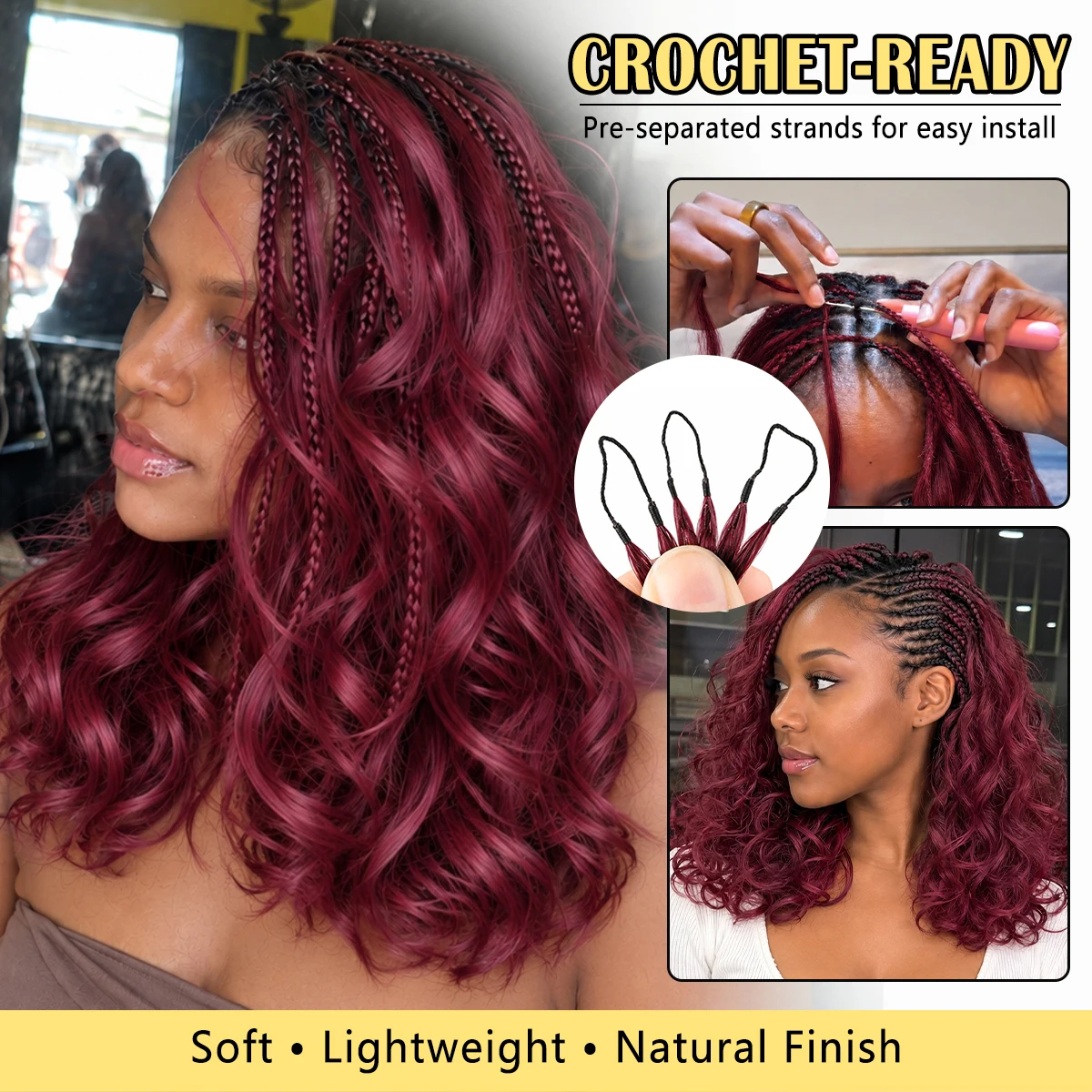 Burgundy 99J Short Body Wave Crochet Human Hair Miracle Knots Feather Knotless Pre Separated Invisible Braiding Hair Extensions Boho Protective Style Soft Natural Lightweight Reusable DIY Salon For Women view 7