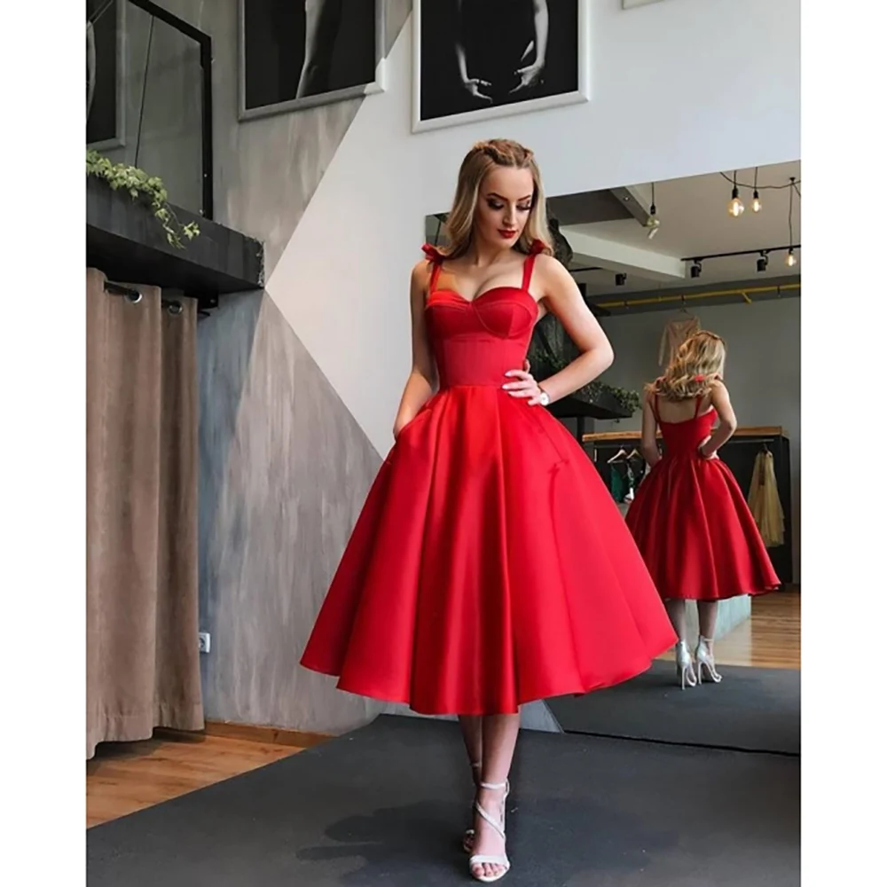 Red Prom Dress Ankle-Length Spaghetti Strapless Pleat A-Line Formal Occasion Birthday Party Gown Pretty Women Dresses Vestidos