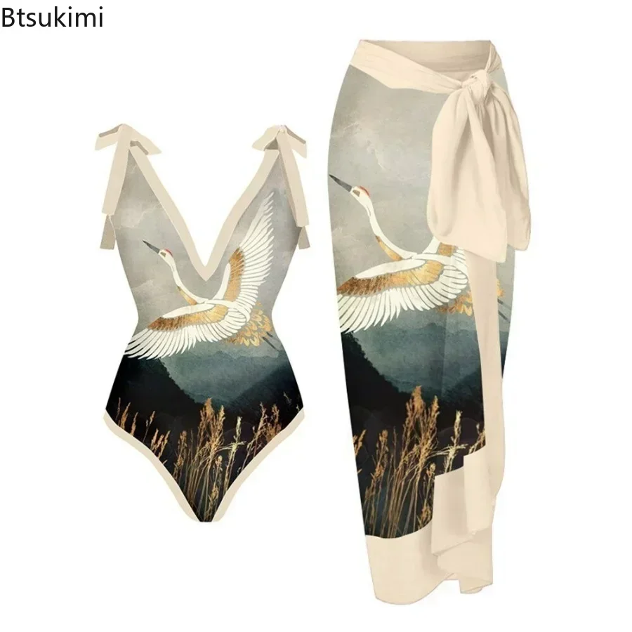 2025 New 2-Piece Women Bikini Set Bodysuit Skirt Cover Ups Sets Women Swimsuit Bandage Bathing Fashion Print Splice Beach Suit