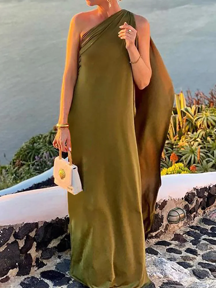 Sleeveless Patchwork Fashion Maxi Dress, Women Summer Diagonal Collar Elegant Party Dress, 2025 One Shoulder Simple Ladies Dress