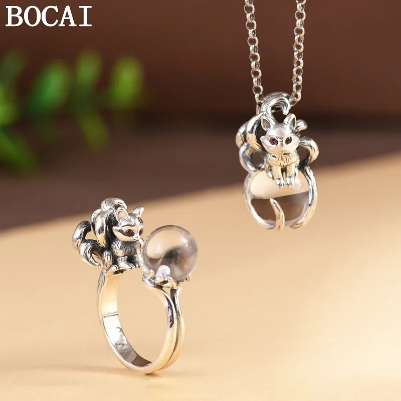 

Новое кольцо-подвеска BOCAI из стерлингового серебра S925 с белым кристаллом в виде девятихвостой лисы, винтажный дизайн, подарок для женщин