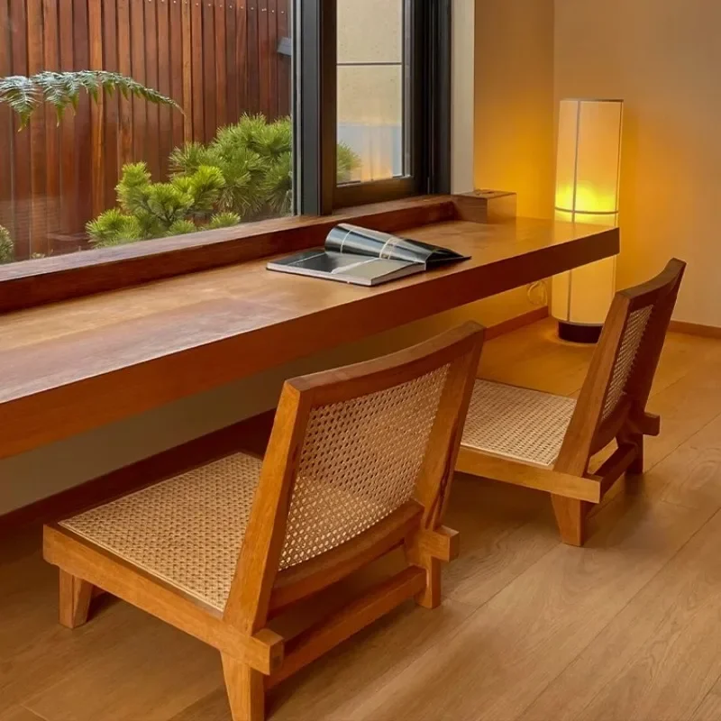 

Japanese Style Woven Rattan Seat with Backrest Low Lounge Sofa for Bay Window Tatami Floor Chairs Solid Wood Balcony Stools
