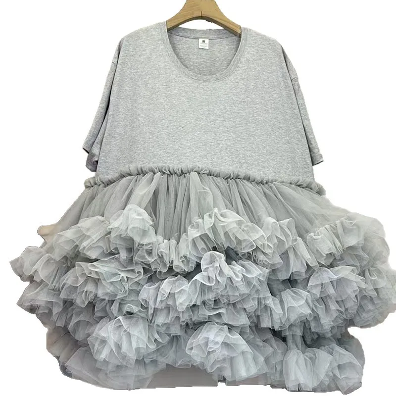 Pongrok mesh splitsen T-shirt met korte mouwen rok los ontwerp gevoel jurk dames zomer nieuw product