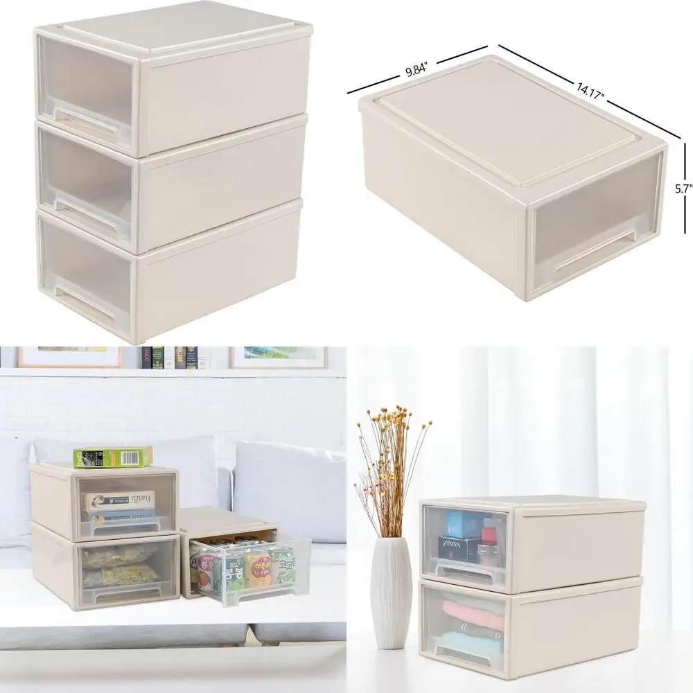 3-Pc Plastic Stackable Storage Drawers - Large Capacity Organizer Unit with 13 Quarts Capacity for Home and Office