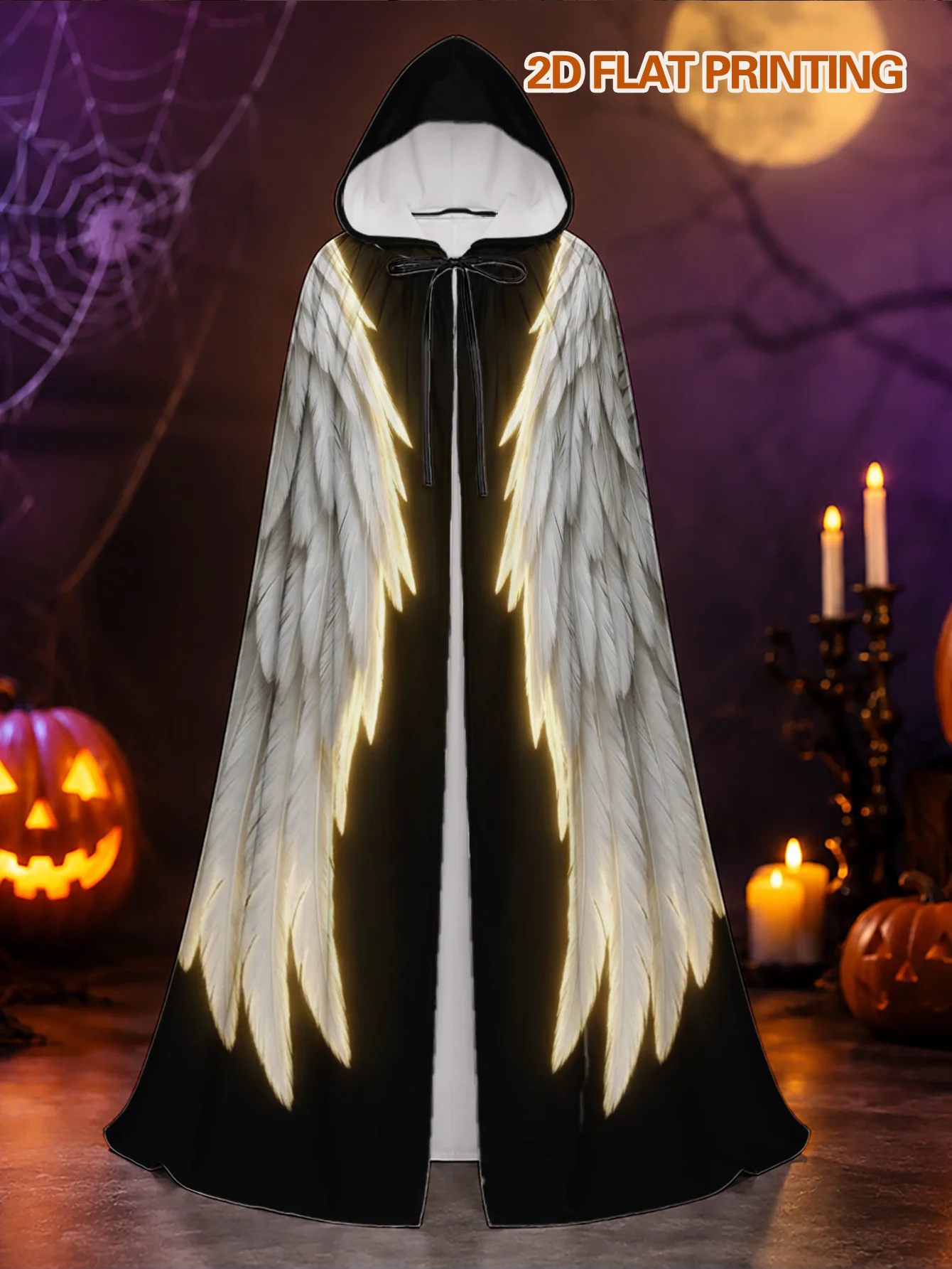 Customization 1pc, Halloween Wizard Robe And Christmas Elf Cape With Angel Wings Design Elements, Long Polyester Hooded Cloak Fo