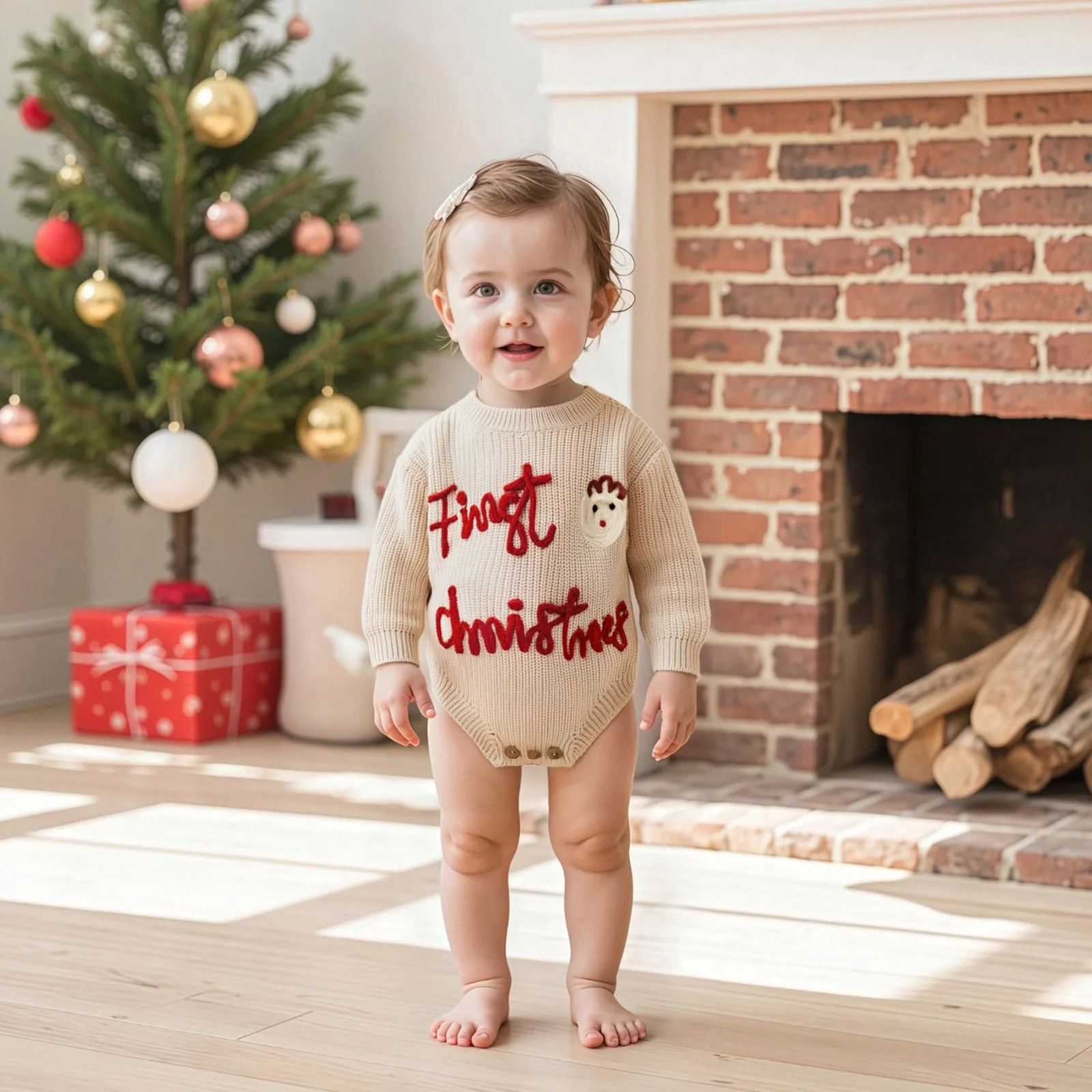 Baby-Strick-Strampler, langärmeliger Body mit Rundhalsausschnitt und Buchstaben, Weihnachtspullover für den Alltag