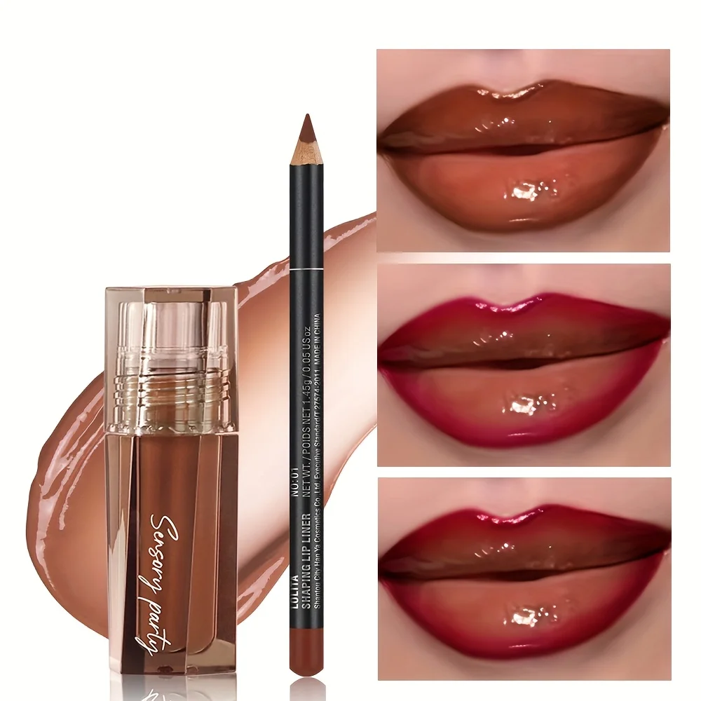 リップグロス＆リップライナーセット、防水長持ち保湿リップキット、滑らかで色落ちしない3Dリップメイク、女性へのギフト