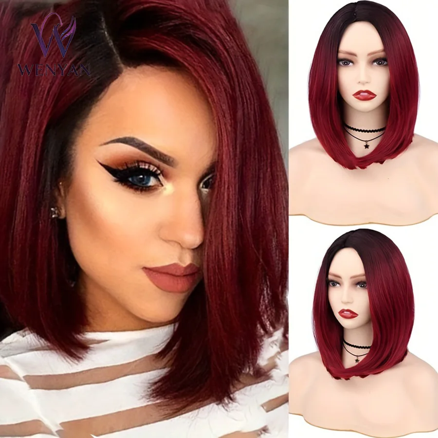 

14inch Black Red Ombre Middle Part Short Straight Bob Synthetic Wig for Women