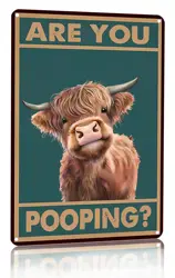 Vintage Highland Cow Are You Pooping Funny Tin Sign for Bathroom Toilet Wall Decor 8 X 12 Inch (3039)