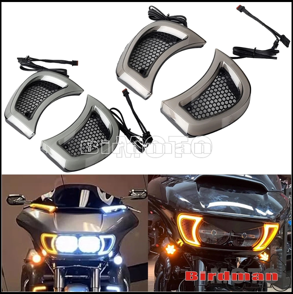 

Motorcycle Headlight Vent Accents LED Trim Lights Turn Signal Indicator Running Light Lamp For Harley Touring Road Glide 2015-23