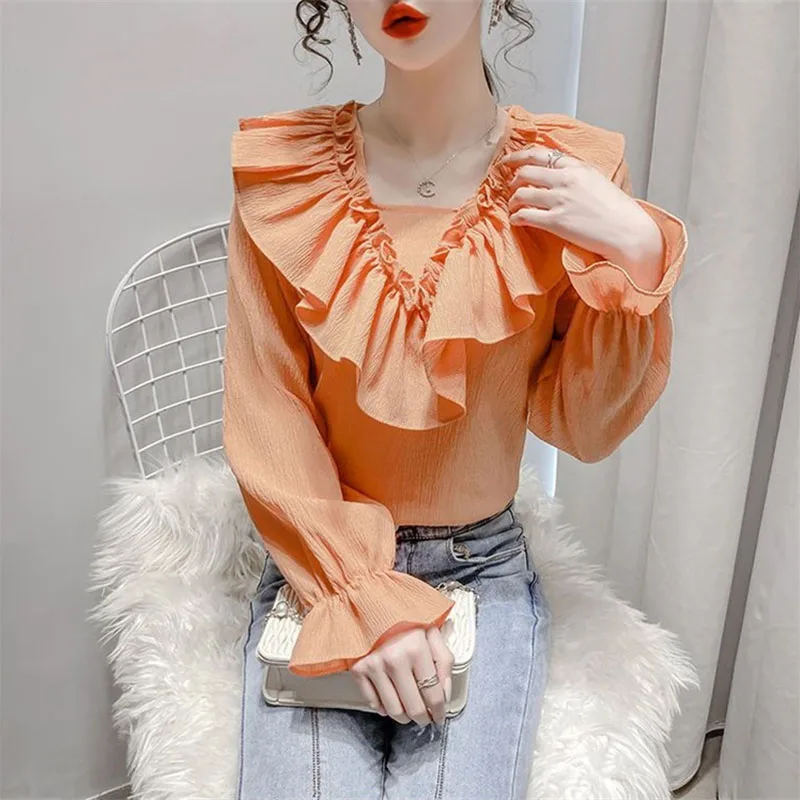 Camisa de gasa con volantes Design Sense, blusa para mujer, novedad de primavera, verano y otoño, Top de manga abombada de estilo coreano hermoso, 2025