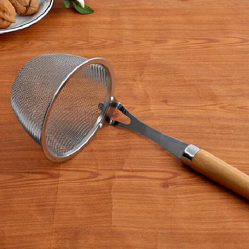 

1pc Stainless Steel Colander 304 Long Wood Handle Fine Mesh Strainer For Kitchen Cooking Frying Noodles Oils Restaurant Home Use