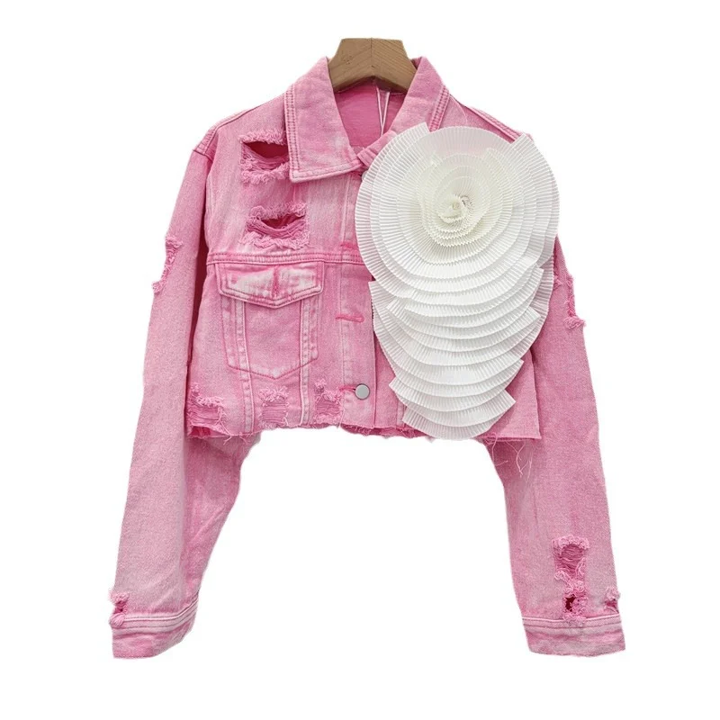 Fashion Tie-Dye Pink Ripped Cool Three-Dimensional Flower Design Short Denim Coat Female Fashionable Jacket Street Jackets