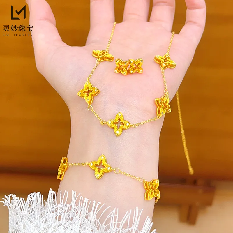 

9999 24K real gold luxury jewelry necklace filament hollow cross flower bracelet earrings to give your girlfriend gift