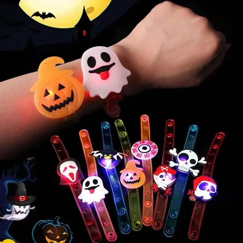 12-24PCS Halloween LED Finger Ring Pumpkin Glow Wrist Band Christmas Watch Necklace Light Up Toy Party Favors Kids