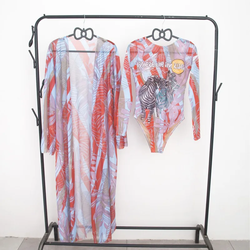 Einteiliger, langer Kittel-Bikini mit modischem Druck, mehrere Stile, Urlaub, Freizeit, Spa, Hot Springs, zweiteiliges Set, Badeanzug-Bikini