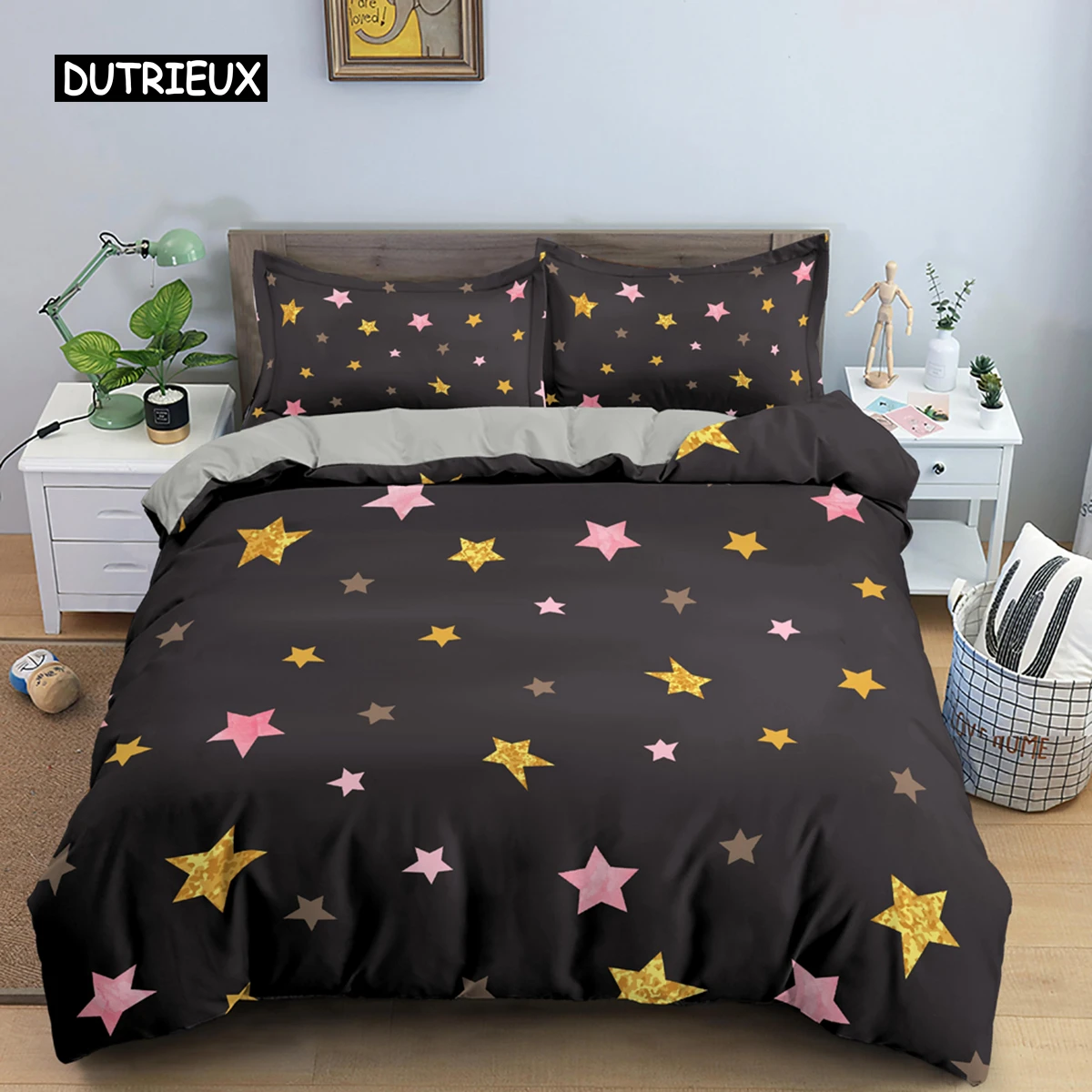 

Colorful Stars Duvet Cover Set Microfiber Yellow Pink Stars Soft Bedding Set Single King Queen Twin Size 2/3pcs Comforter Cover