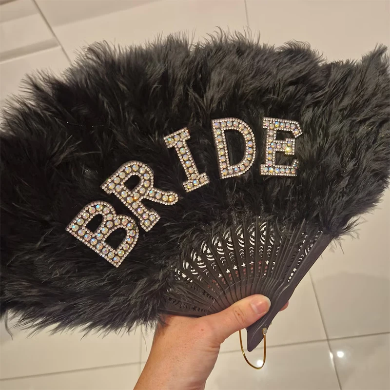 Gothic Black Bride Feather Fan Bride or Die Till Death Do Us Part Wedding Bachelorette hen Party bridal shower decoration gift