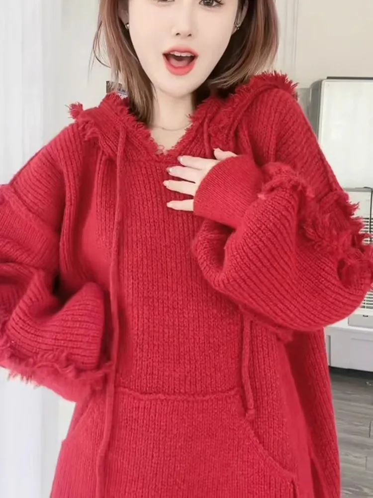 

Women's Loose Knitted Sweater with Tassel Hood Thiened Autumn Winter Faion Top Korean Sle Versatile Sweatirt Coat