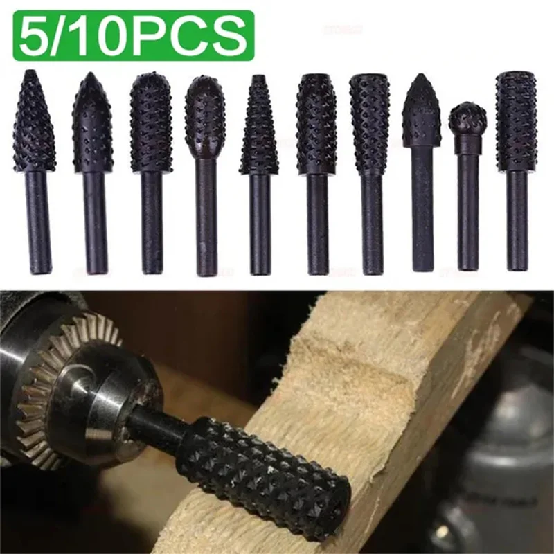 5PCS/10PCS 6mm Shank Rotary Burr Set Wood Rasp File Drill Bits Rotary Rasp Set for Woodworking Rotary File Grinding Head