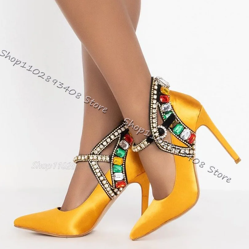 Satin Silk Crystal Decor Pumps Pointed Toe Ankle Buckle Thin High Heels Shoes Ethnic Style Party Women Shoes Zapatos Para Mujere