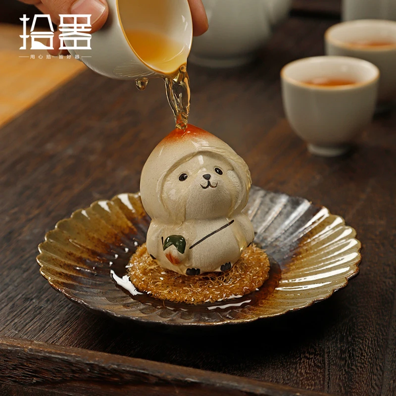 Cute little panda purple sand tea pet taodundundun high-quality longevity peach cover ceramic tea table decorations can be used