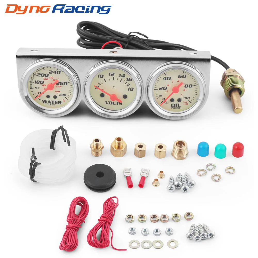 

2-дюймовая хромированная панель, температура воды, Фаренгейт/Цельсия, вольтметр и масляный пресс, PSI/kpa, комплект тройного датчика с белым лицом, желтый свет