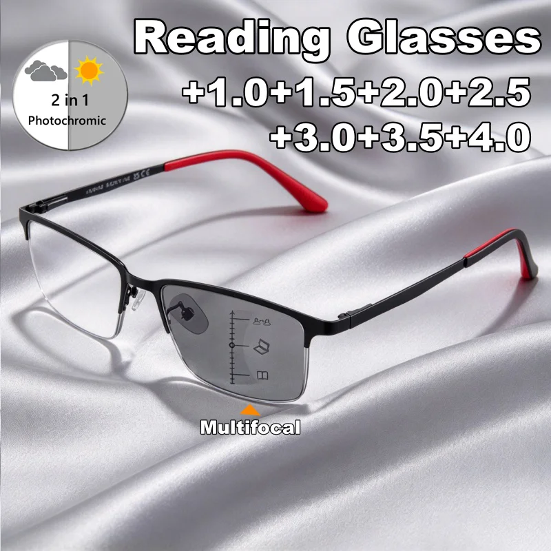 Stylish Square-Frame Photochromic Multifocal Presbyopia Glasses Men's Blue Light-Blocking Metal-Frame Business Reading Glasses