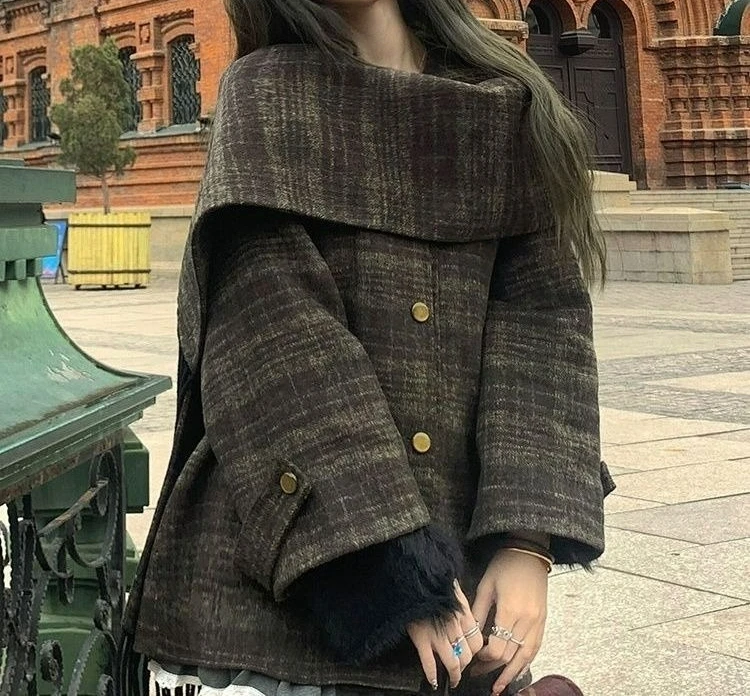

Vintage Plaid Wool Coat Women Loose Style 2025 Autumn Winter New Collection