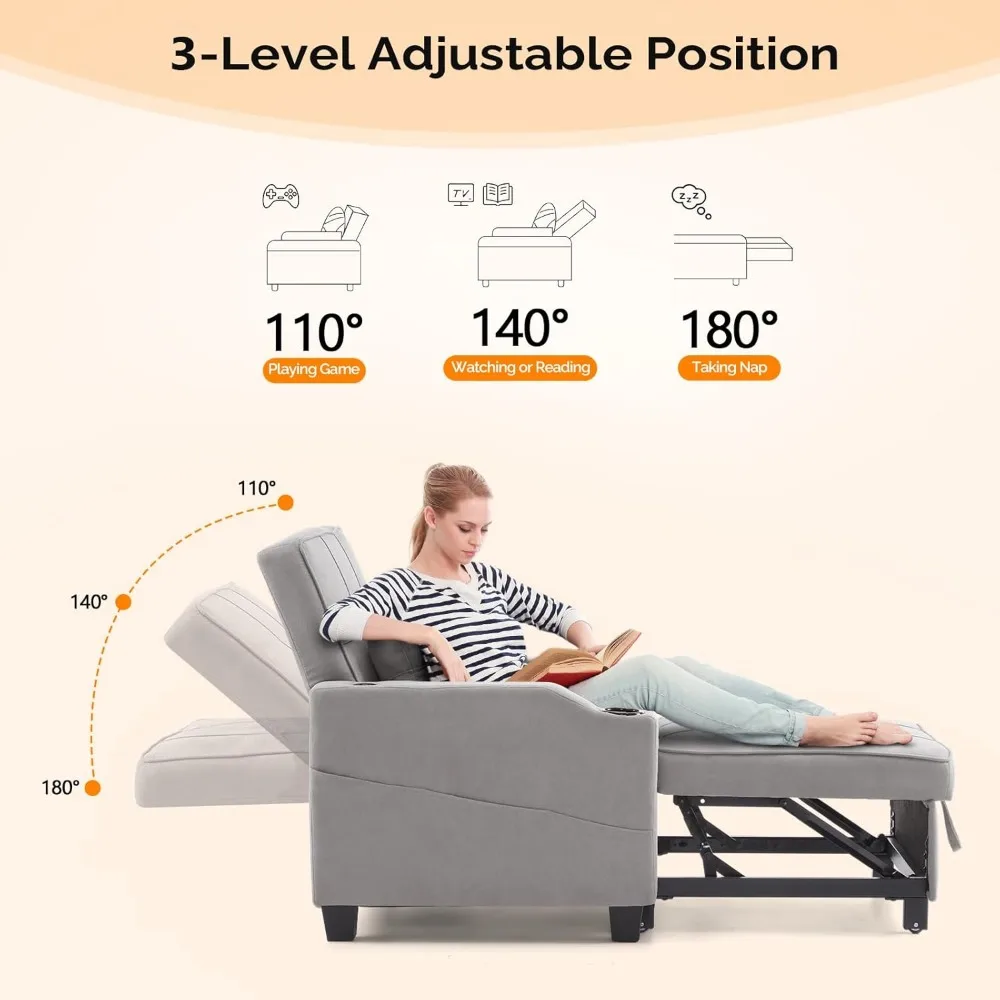 Schlafstuhl, 3-in-1-Schlafsofa, verstellbares Liegesofa, modernes ausziehbares Couchbett mit 2 USB-Anschlüssen und 2 Getränkehaltern