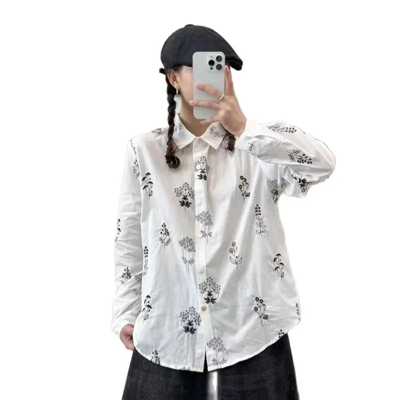 New Summer Cotton Long Sleeve Shirt, Women Lapel Embroidery Top, Mori Girl Casual French Vintage Loose Blouses, Autumn T47993QC