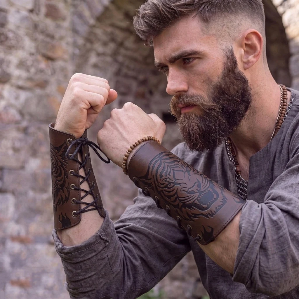 Punk Wide Leather Cuffs Bracers Armor Arm Warmers Medieval Wrist Guards Animal Tiger Head Pattern Arm Gauntlets for Halloween Renaissance Fairs Stage Show