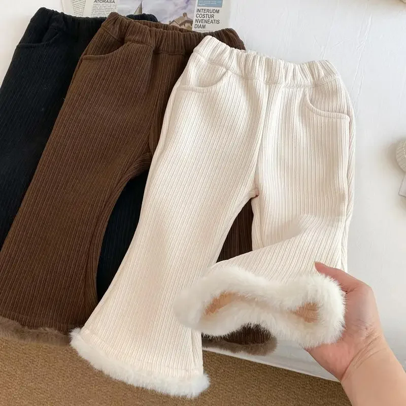 Meisjesbroeken voor herfst en winter Nieuwe stijlvolle uitlopende broek Kinderen Modieuze winterbabymeisjes Witte pluche broek