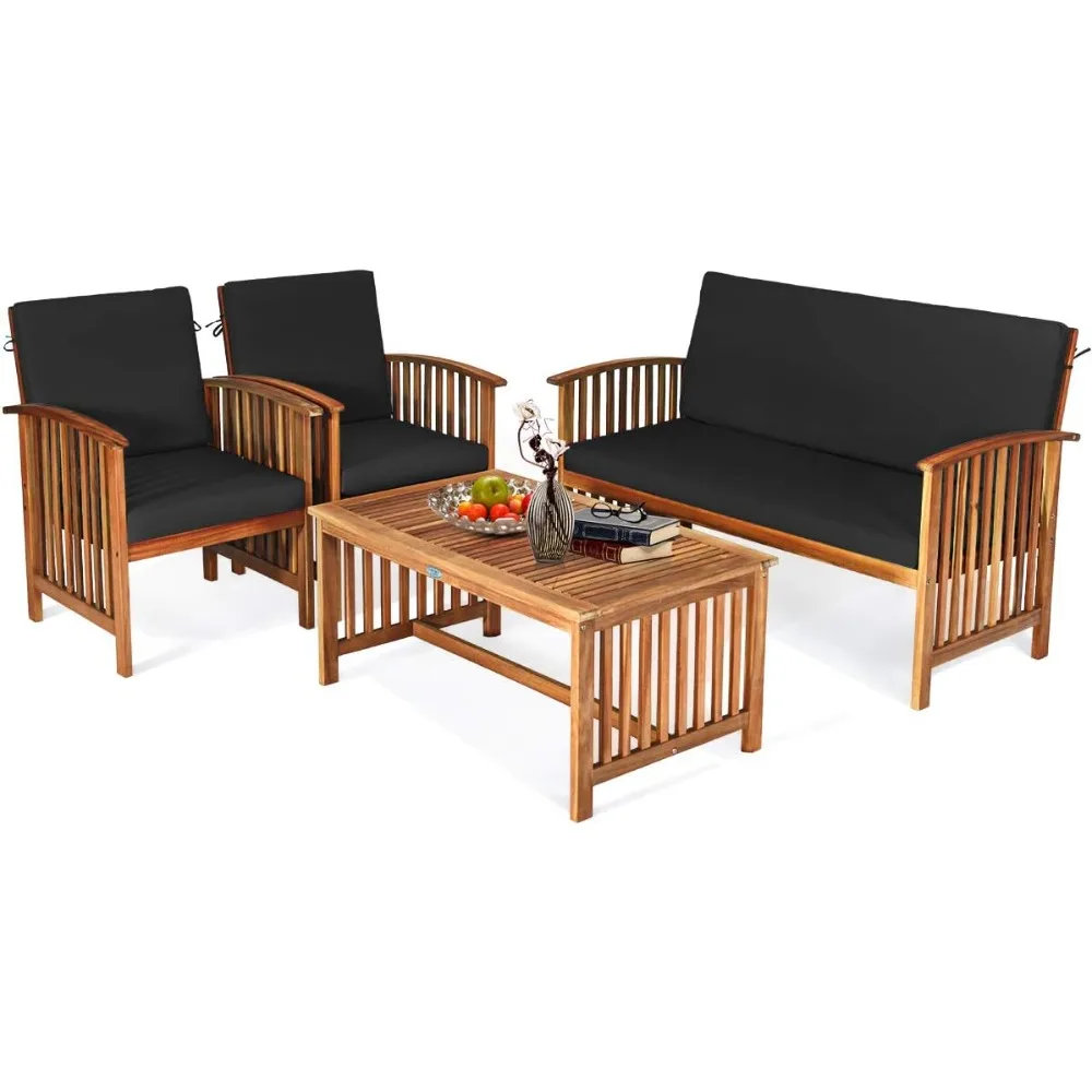 

Outdoor 4-piece acacia wood sofa set with waterproof cushions, padded patio seating, chat set with coffee table