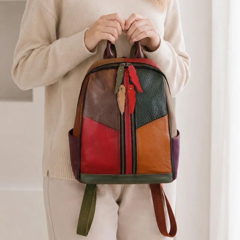 Women Genuine Leather Patchwork Backpack With Leather Tassels Color Block Design Vintage Travel Daypack Shoulder Bag Handmade