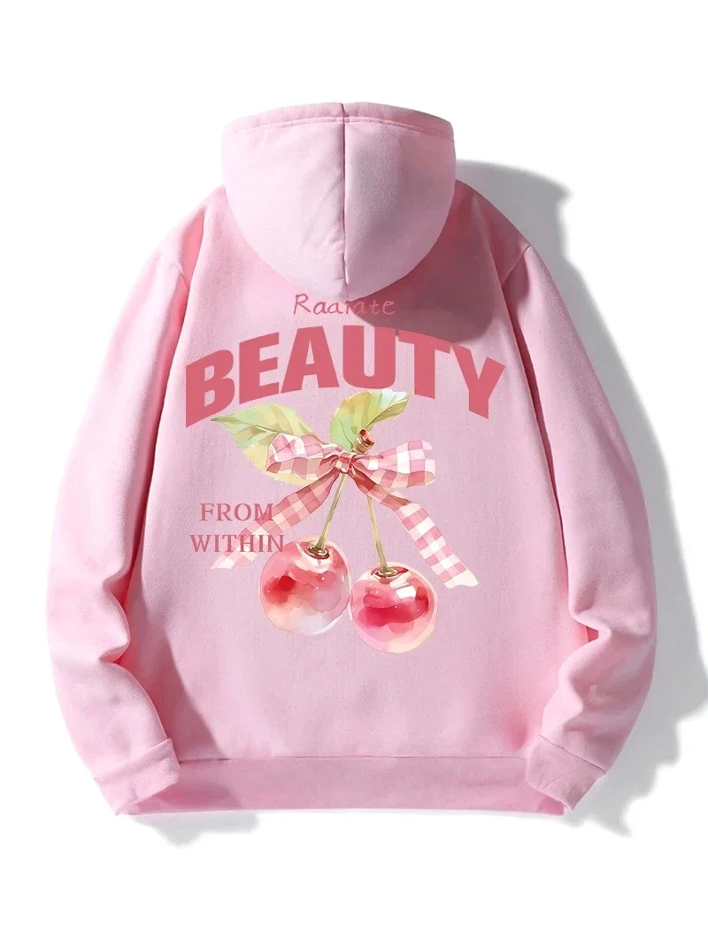 เสื้อฮู้ดเชอร์รี่สีชมพูสำหรับผู้หญิง พิมพ์ลายโบว์สวยงาม สไตล์สตรีทแวร์ ผ้าฟลีซอุ่น มีกระเป๋า เสื้อคลุมหลวมๆ สำหรับฤดูหนาว เสื้อผ้าผู้หญิง