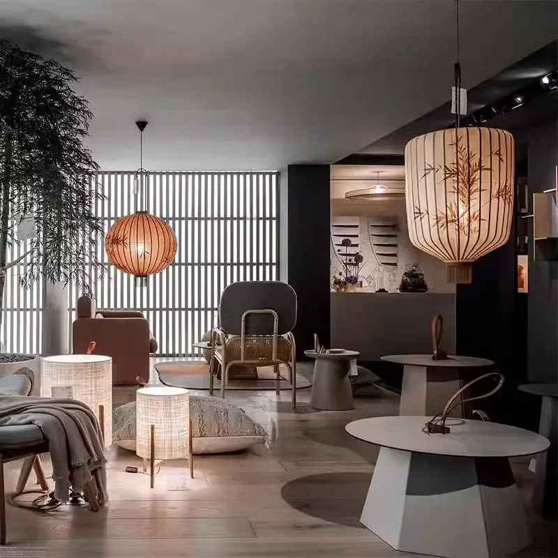 التقليدية فانوس الخيزران اللوحة قلادة مصباح اليدوية النسيج عاكس الضوء فانوس فندق ديكور غرفة المعيشة إضاءة المطعم