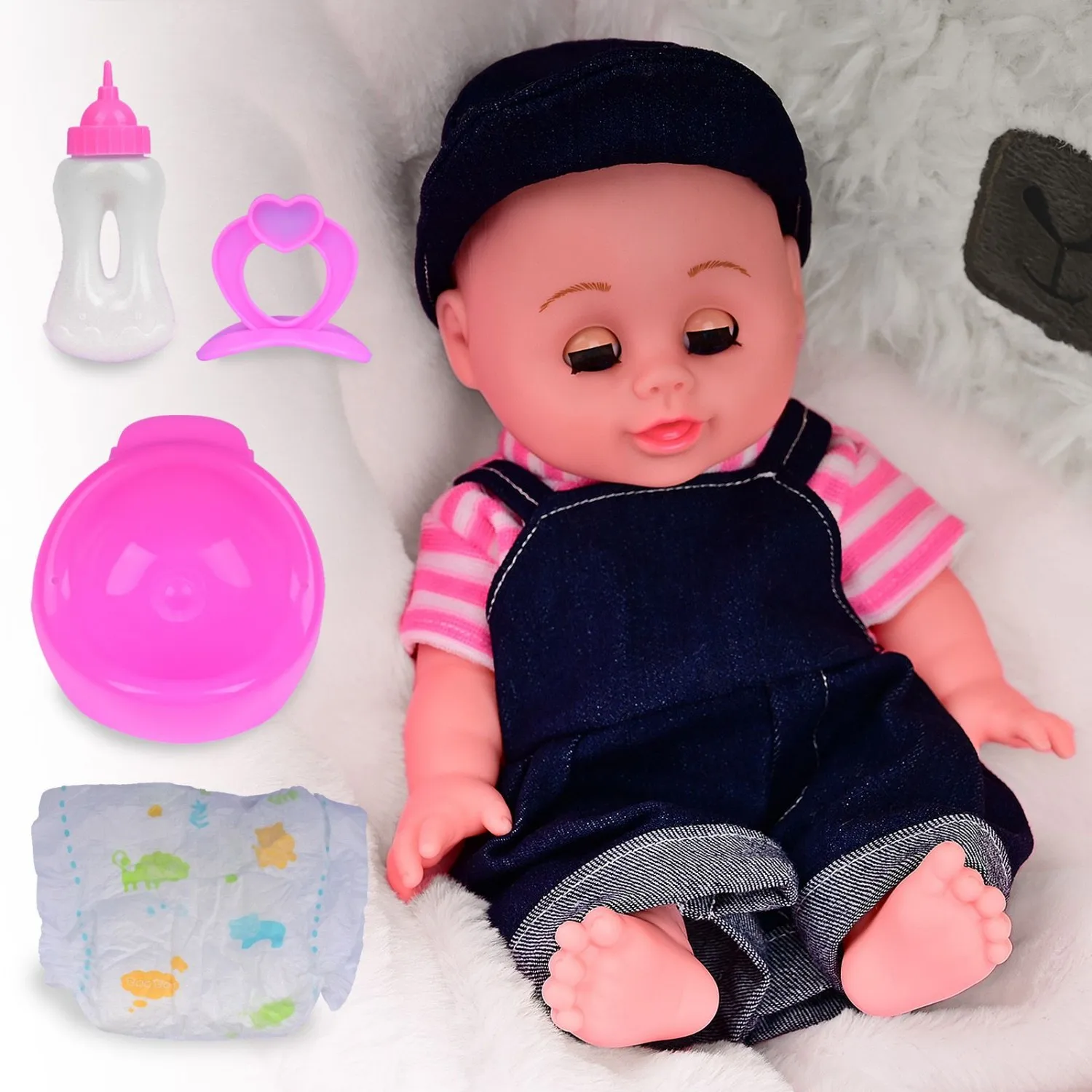 12인치 실물 같은 전신 아기 인형 |   파란색 작업복과 모자 |   젖병, 젖꼭지, 기저귀 포함 |   교육용 역할놀이 장난감