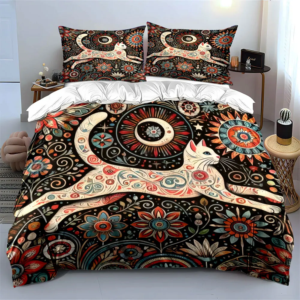 

3Pcs Whimsical Cat Bedding Set, Ornate Mexican Folk Style Art Print Duvet Cover + 2 Pillowcases, Bohemian Decor