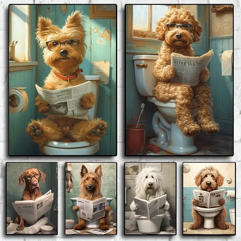 Funny Cute Dog Bathroom Animal on The Toilet and Reading Newspaper Poster Print Canvas Painting Wall Art Living Room Home Dec