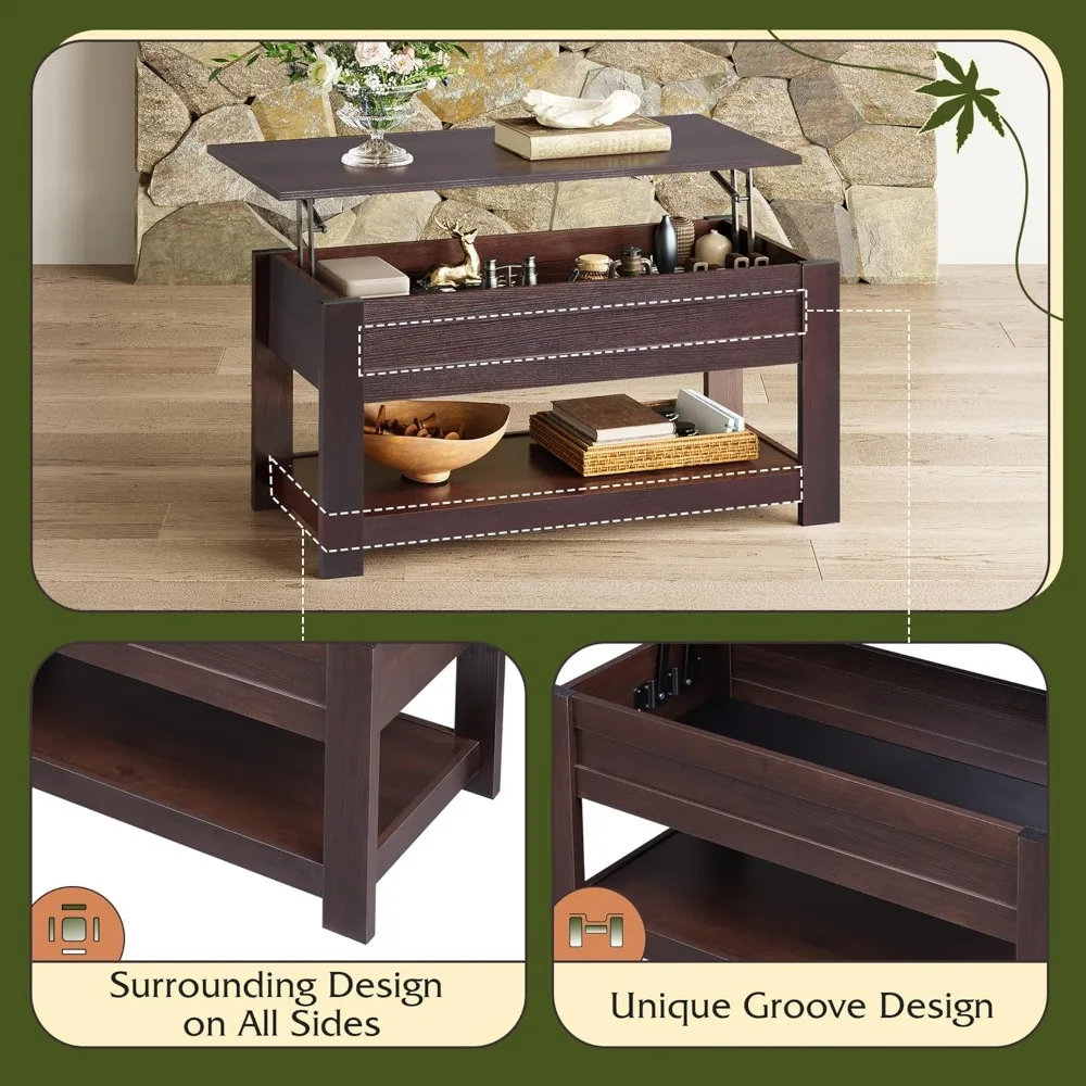 Lift Top Coffee Table 39 with Storage Shelf and Hidden Compartment for Living Room, Office Use