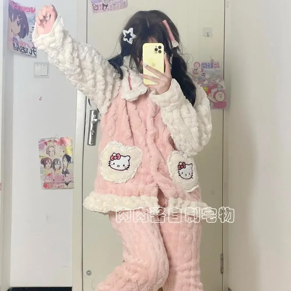 Sanrioed Anime Hello Kitty Women Pajamas Suit Cartoon Kawaii Winter Plush Coral Fleece Cardigan Homewear Warm Cute Nightwear