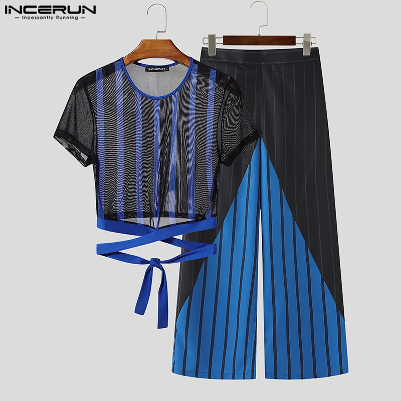 INCERUN Men Sets Striped Patchwork Mesh See Through Sexy Short Sleeve Crop T Shirt & Pants Two Pieces Sets Streetwear Men Suits