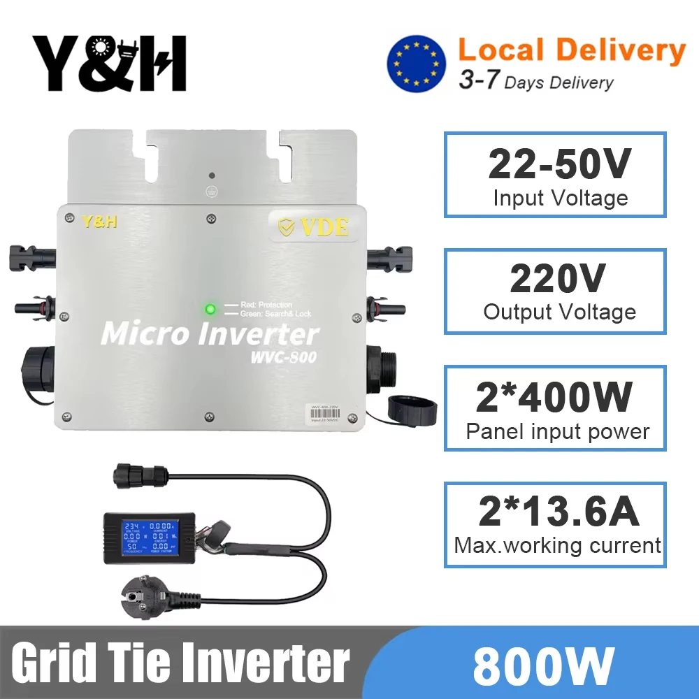 Y&H 800W Solar Grid Tie Inverter with LCD MPPT Micro Inverter DC30-42V PV Input AC180-260V Output IP65 Waterproof